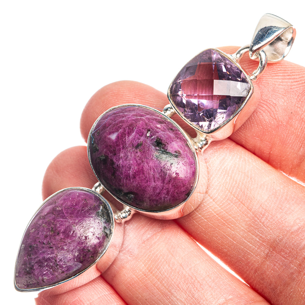Ruby Zoisite, Amethyst 925 Sterling Silver Pendant 2 3/8"