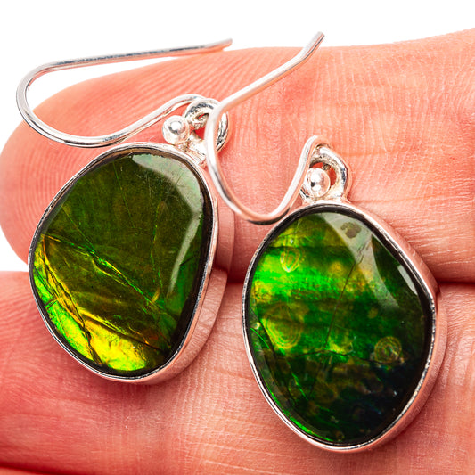 Sterling silver teardrop ammolite earrings, vivid green iridescence, fishhook closure.