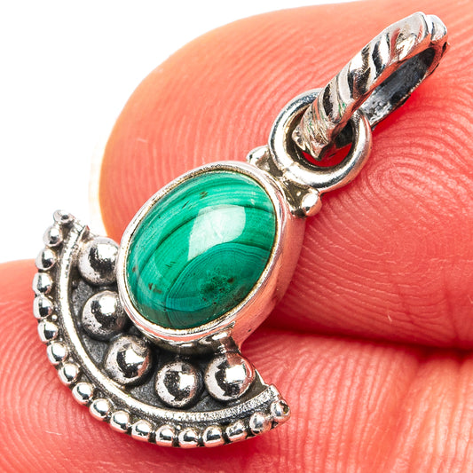 Malachite dainty pendant in .925 sterling silver, oval green stone in ornate frame