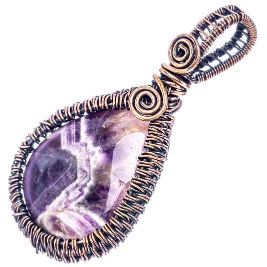 Oxidized copper wire-wrap amethyst teardrop pendant, two spiral loops at top