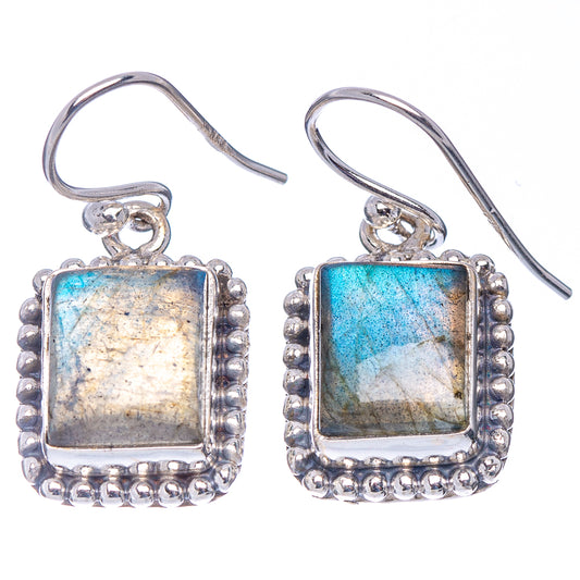 Sterling silver labradorite earrings, square blue-lavender stones with beaded border and hooks