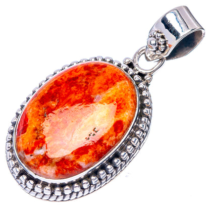 Orange sponge coral oval pendant with 925 sterling silver bail and beadwork