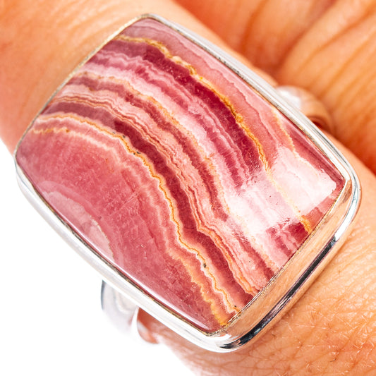 Sterling silver rhodochrosite ring with rectangular pink banded gemstone, size 9.75