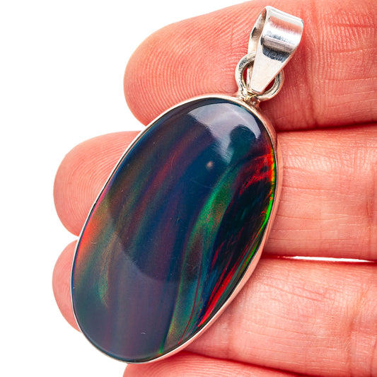 Oval iridescent opal pendant in .925 sterling silver, front view