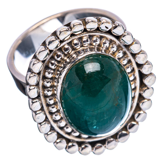 Sterling silver emerald cabochon ring, domed green center and textured bead border
