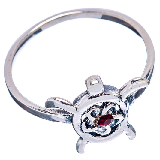Sterling silver sea turtle ring with raised red round gemstone, size 7.75