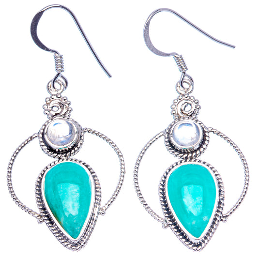 Sterling silver hook earrings with green amazonite teardrop and white iridescent moonstone