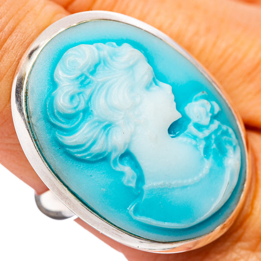 Sterling silver cameo ring with oval blue cameo relief of a classical profile