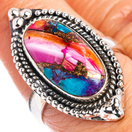 Oval turquoise-and-pink cabochon ring with beaded sterling silver setting
