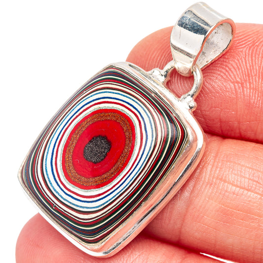 Sterling silver fordite pendant with rectangular cabochon, red center and striped bands