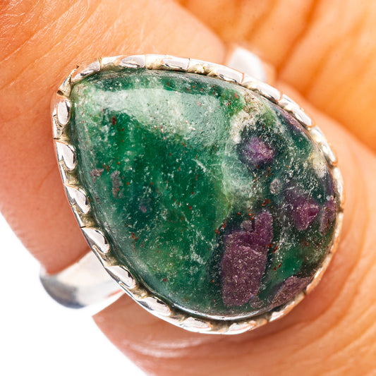 Sterling silver ring with green fuchsite cabochon and purple ruby specks, size 6.75.