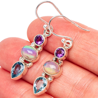 Rare Ethiopian Opal, Blue Topaz, Amethyst Earrings 1 3/8" (925 Sterling Silver) E1395