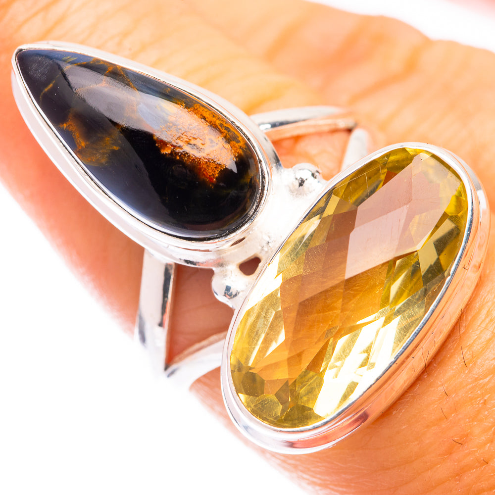 Large Lemon Quartz, Pietersite Ring Size 7.25 (925 Sterling Silver) R141014