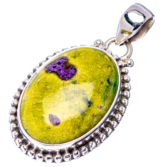Oval green gemstone sterling silver pendant with purple speckles, beaded edge and bail