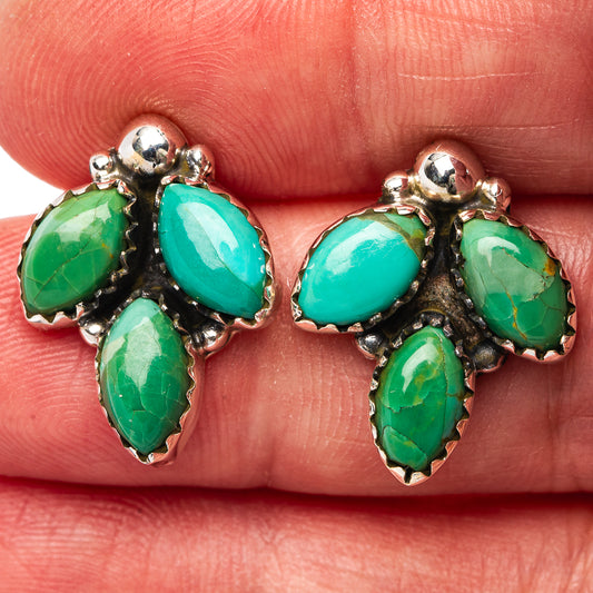 Turquoise and green teardrop earrings with silver-tone metal and scalloped bezels