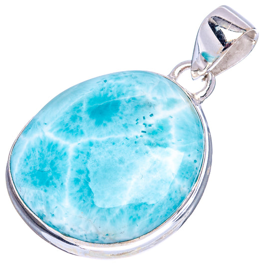 Oval blue larimar gemstone pendant, .925 sterling silver bezel with top bail