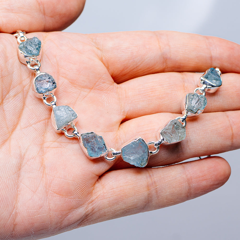 Raw Aquamarine Bracelet 6 to 8" (.925 Sterling Silver)