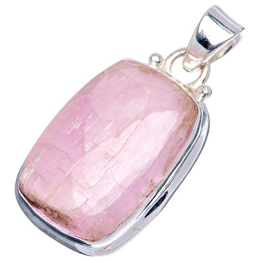 Sterling silver Kunzite pendant with pink rectangular gemstone in oval-edged bezel