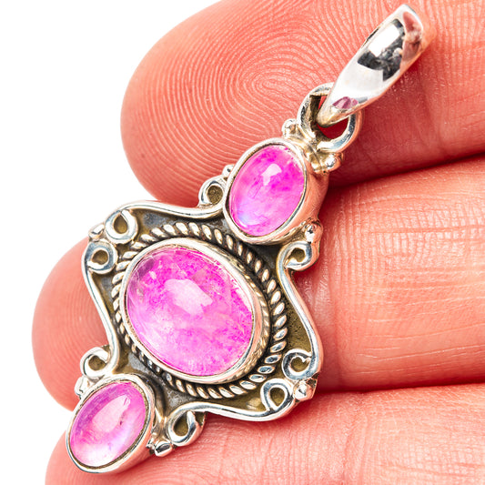 Pink moonstone pendant, oval pink gemstone set in ornate .925 silver frame