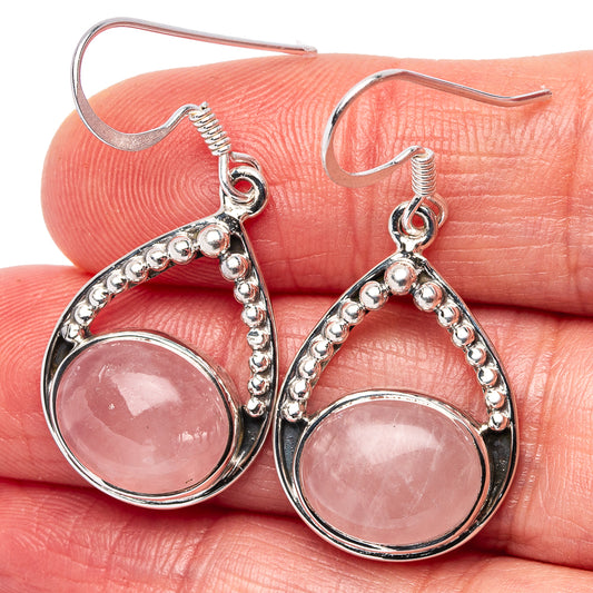 Rose quartz teardrop drop earrings, bead-framed pink stone in .925 sterling silver
