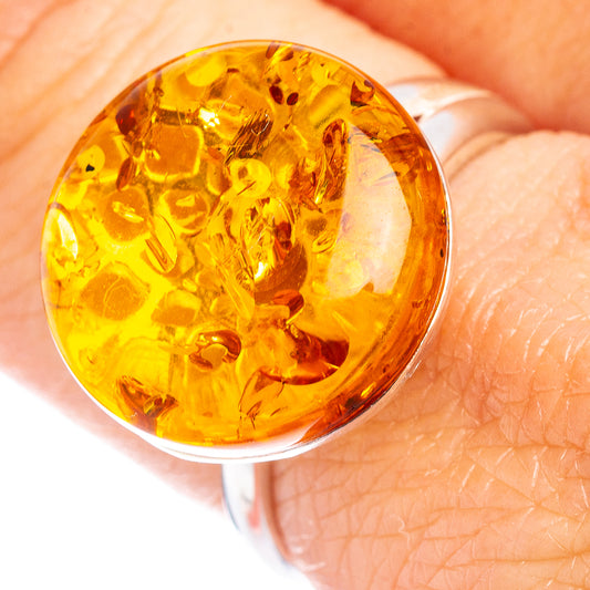 Amber cabochon ring in .925 sterling silver, warm yellow-orange glass look