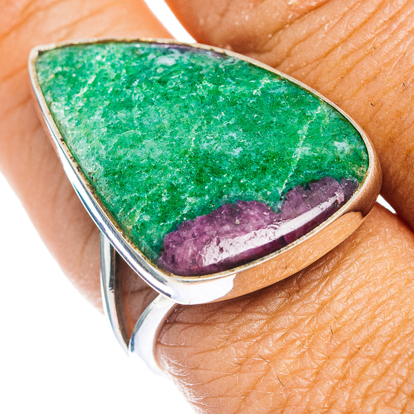 Sterling silver gemstone ring with green zoisite and purple ruby accents