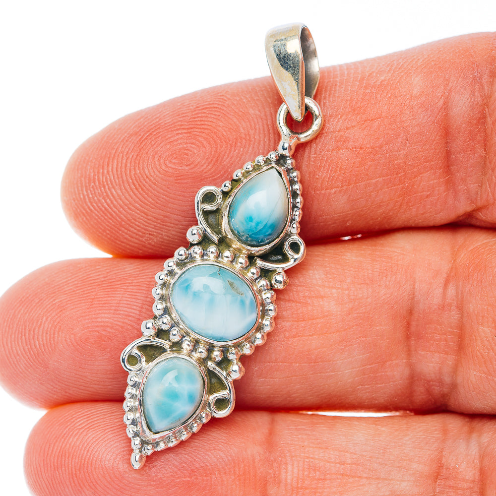 925 sterling silver larimar pendant with three oval blue stones and small halo settings