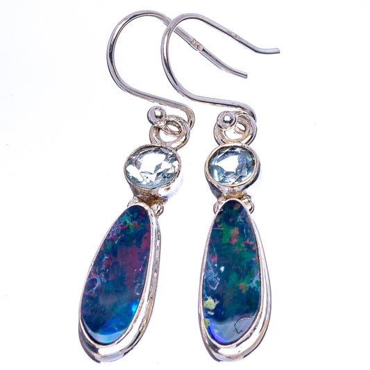 Rare Triplet Opal, Blue Topaz Earrings 1 5/8" (925 Sterling Silver) E1728