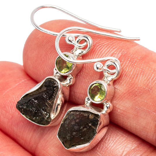 Sterling silver moldavite earrings with dark green stones and round green peridot accents