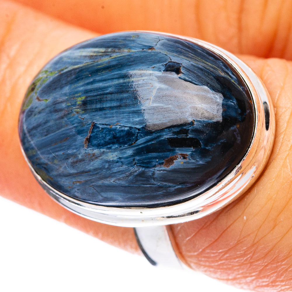 Pietersite ring size 6.75, oval blue pietersite cabochon in silver bezel