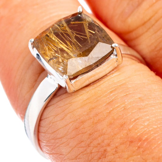 Sterling silver ring with square rutilated quartz, gold needle inclusions, prong setting