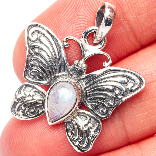 925 sterling silver butterfly pendant with oval rainbow moonstone and engraved wings