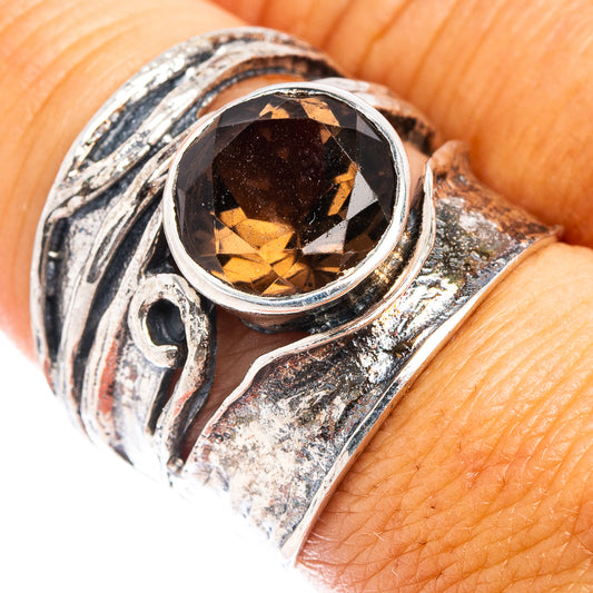 Smoky quartz bezel ring in 925 sterling silver, size 7.5; dark oval stone.