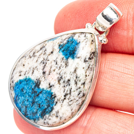 K2 blue azurite teardrop pendant in .925 sterling silver, bail and bezel frame