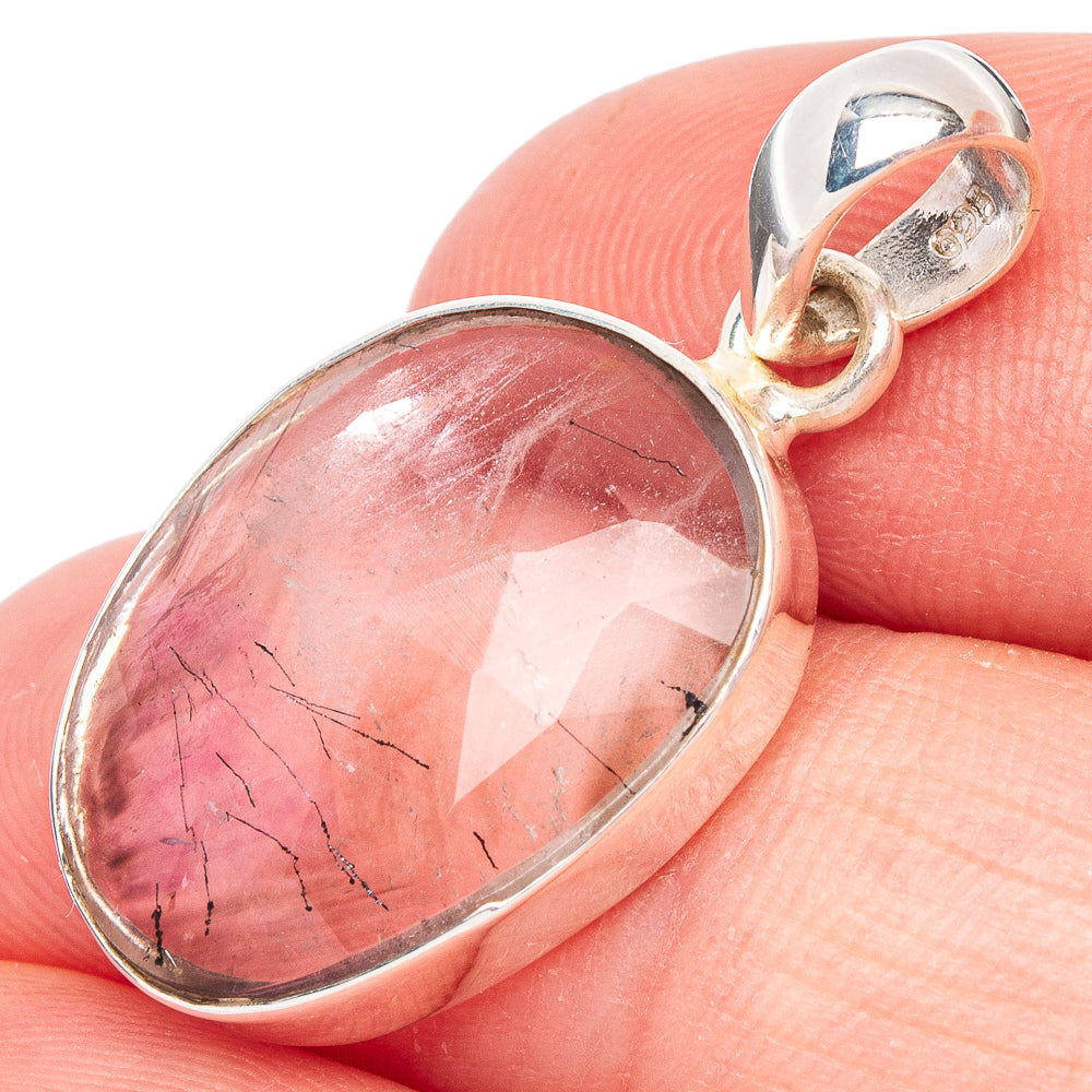 Oval pink tourmalinated quartz pendant in 925 sterling silver bezel setting