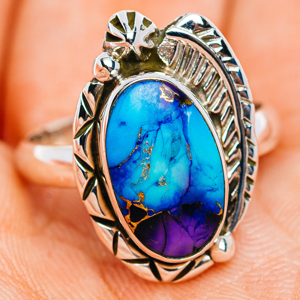 Southwestern Style Violet Blue Dahlia Mohave Turquoise Ring Size 7 (.925 Sterling Silver)