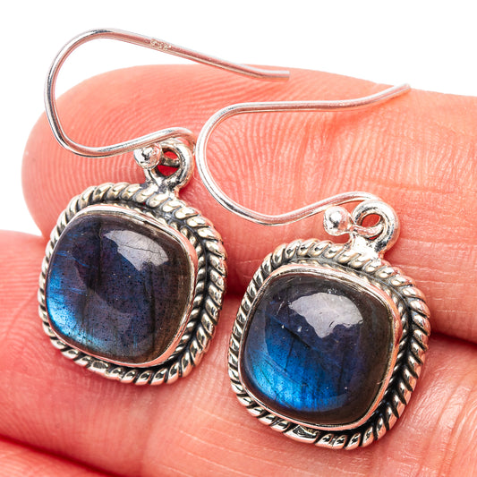 Labradorite drop earrings in .925 sterling silver, oval blue stone with rope-edge frame