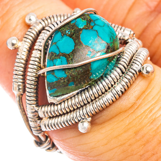 Oval turquoise cabochon sterling silver wire wrap ring, size 6.25, blue stone