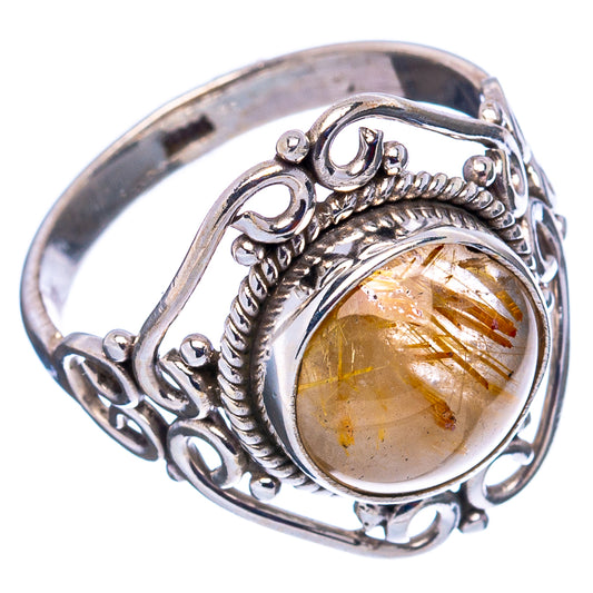 Sterling silver ring with round star rutilated quartz, carved scrollwork bezel