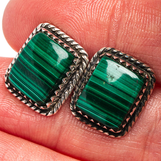 Square malachite green stud earrings in .925 sterling silver with rope bezel, close-up pair