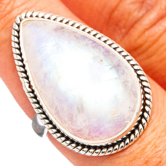 Sterling silver moonstone ring with teardrop rainbow stone and rope bezel, size 7.75