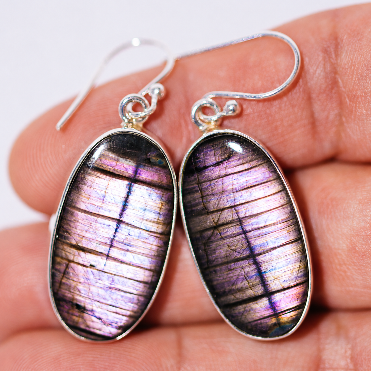 Premium Spectrolite Earrings 1 3/4" (.925 Sterling Silver)