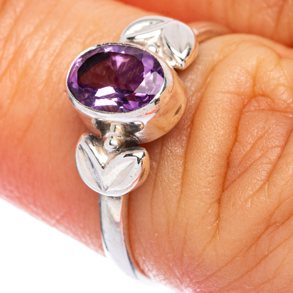Sterling silver dainty ring with faceted oval amethyst gemstone