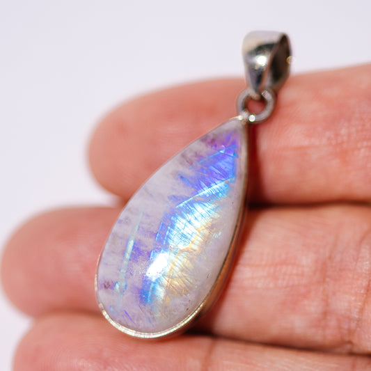 Large AAA Rainbow Moonstone Pendant 1 5/8" (.925 Sterling Silver)