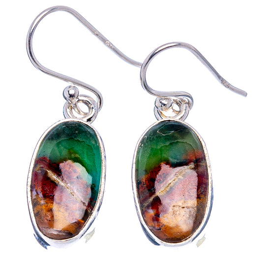Pair of oval opalized wood drop earrings, green-brown marbled, with silver hooks