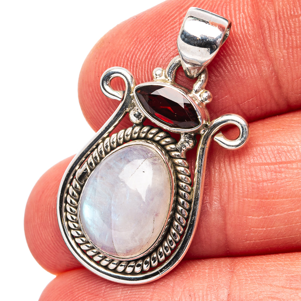 Rainbow Moonstone, Garnet Pendant 1 1/4" (.925 Sterling Silver)