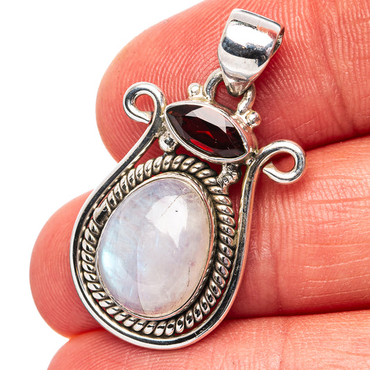Rainbow Moonstone, Garnet Pendant 1 1/4" (.925 Sterling Silver)
