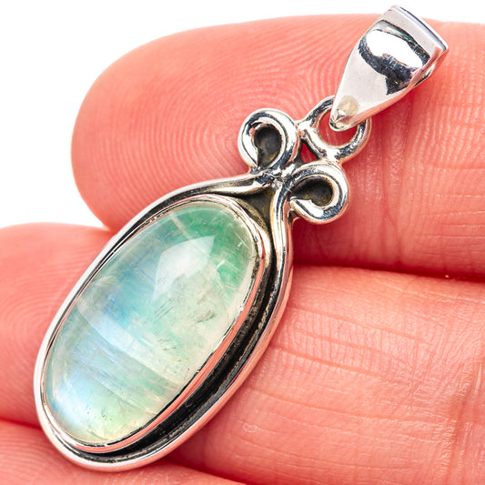 Green moonstone pendant, .925 sterling silver oval setting with decorative bail