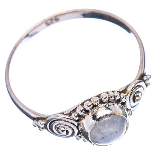 Sterling silver moonstone ring, round cabochon with beaded bezel and spiral side details