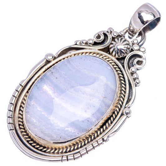 Oval blue lace agate pendant with ornate .925 sterling silver bail loop